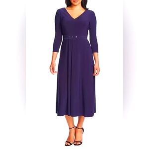 New Chaus Navy Belted Midi Flare Dress Medium